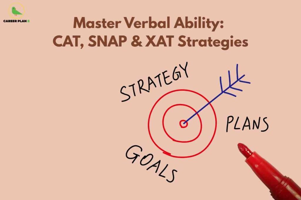 An image with a light peach background featuring the Career Plan B logo with a green bird in the top left corner. At the top center, large brown text reads: "Master Verbal Ability: CAT, SNAP & XAT Strategies." Below this, slightly to the right, there is a hand-drawn archery target with three concentric red circles. A blue arrow points to the bullseye, symbolizing achievement. Around the target are handwritten words: "STRATEGY" at the top, "GOALS" at the bottom left, and "PLANS" at the right. At the bottom right corner, the tip of a red marker pen is visible, indicating the circles and text were drawn with it. The image visually emphasizes planning, goal-setting, and strategy for mastering verbal ability in major MBA entrance exams.