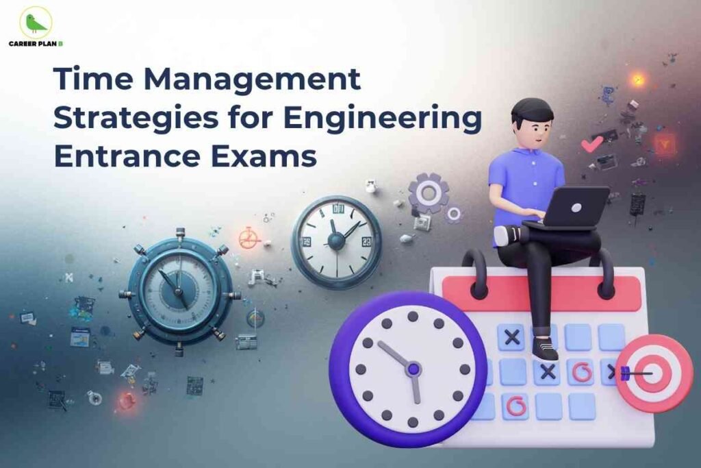 An illustration showing a student with a laptop surrounded by clocks, calendars, and productivity elements including time management icons, engineering symbols, and a colorful gradient background. The title "Time Management Strategies for Engineering Entrance Exams" appears prominently at the top, with the Career Plan B logo in the upper left corner.