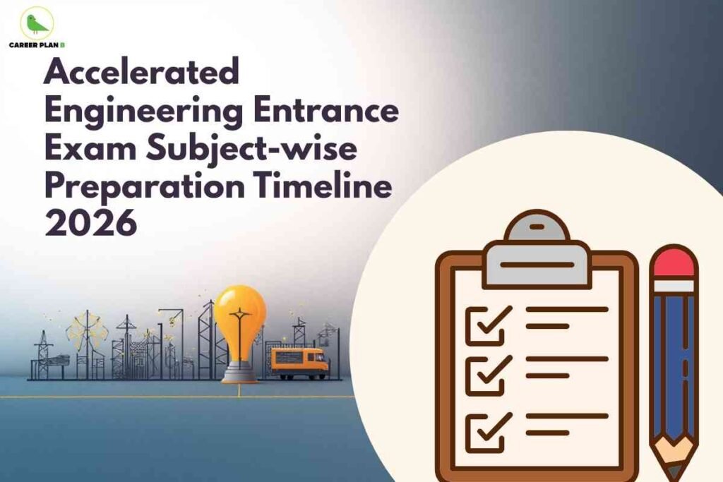 An illustration showing an engineering-themed landscape with electrical towers, industrial structures, and a lightbulb symbolizing innovation. A clipboard with checkmarks and pencil appears on the right side. The title "Accelerated Engineering Entrance Exam Subject-wise Preparation Timeline 2026" appears in dark text with the Career Plan B logo in the upper left corner.