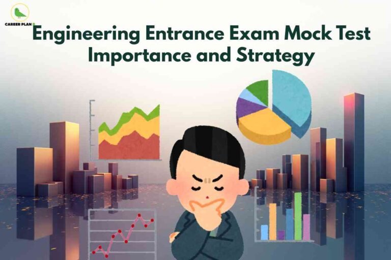 An illustration showing a businessman in a thoughtful pose surrounded by data visualization elements including bar charts, pie charts, and graphs against a cityscape background. The title "Engineering Entrance Exam Mock Test Importance and Strategy" appears at the top, with the Career Plan B logo in the upper left corner.