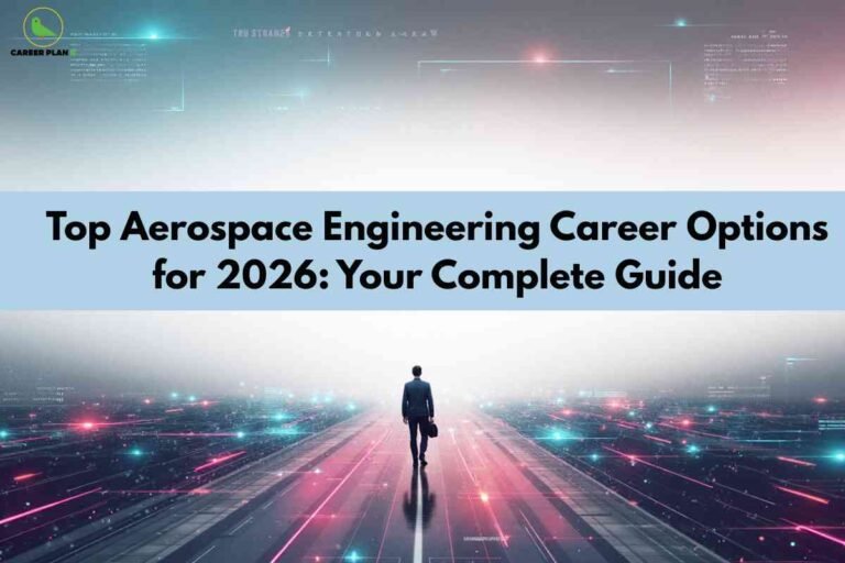 An image showing a futuristic digital landscape with a lone figure in a business suit walking on a glowing path toward distant horizons. The scene features digital interfaces and technological elements in a sci-fi aesthetic. The title "Top Aerospace Engineering Career Options for 2026: Your Complete Guide" is displayed prominently, with the Career Plan B logo in the upper left corner.