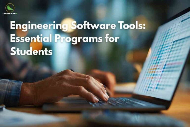 Essential engineering software tools infographic from Career Plan B featuring "Engineering Software Tools: Essential Programs for Students" text with hands typing on laptop displaying colorful data visualization or code, representing modern engineering software applications and digital tools students need for academic success and career preparation.