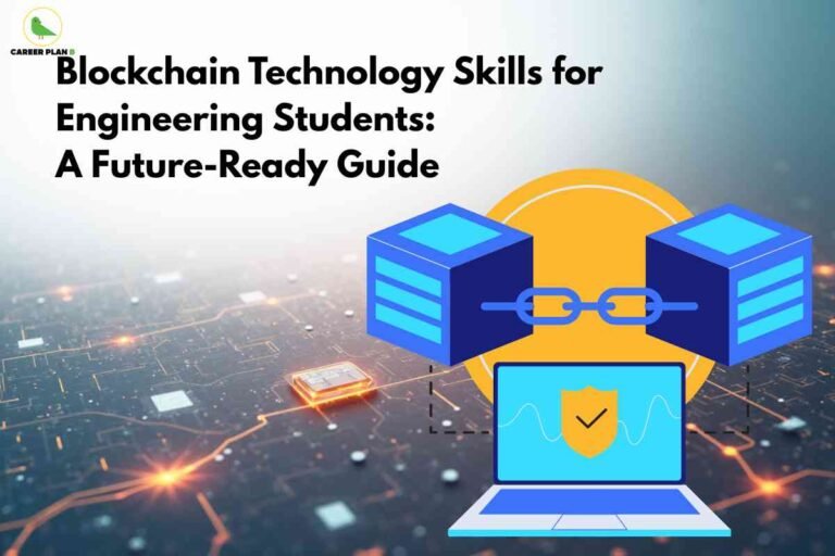 Laptop with security shield displaying blockchain network visualization with two connected data blocks against smart city backdrop, illustrating blockchain skills for engineers with Career Plan B logo.