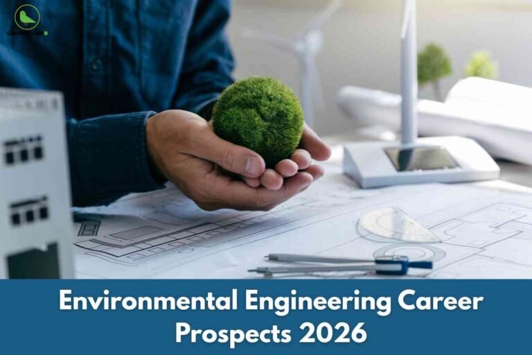 Professional hand holding green moss sphere above engineering blueprints and white model buildings, representing environmental engineering career prospects for 2026 with Career Plan B logo.