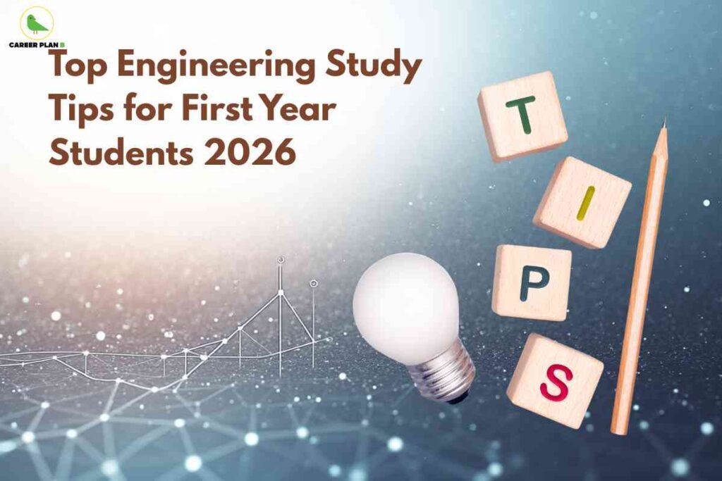 Wooden letter blocks spelling "TIPS" with lightbulb, pencil, and geometric network connections, illustrating Engineering Study Tips for First Year Students 2026 with Career Plan B logo.