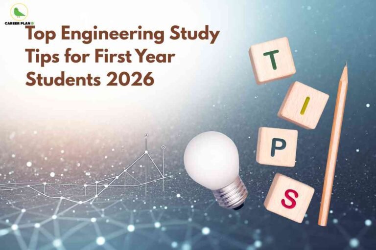 Wooden letter blocks spelling "TIPS" with lightbulb, pencil, and geometric network connections, illustrating Engineering Study Tips for First Year Students 2026 with Career Plan B logo.