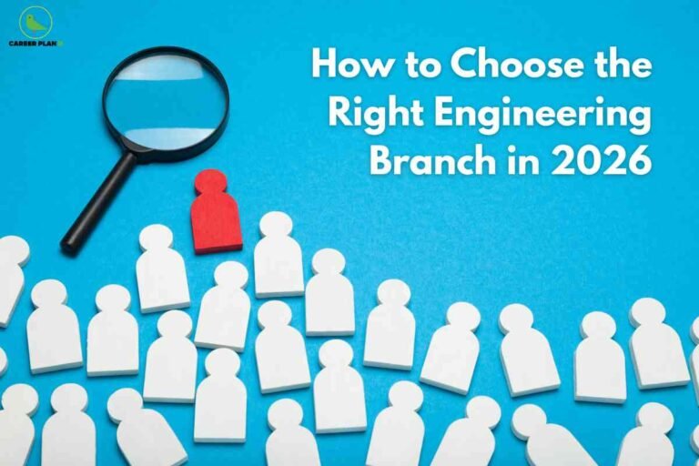 Magnifying glass highlighting red figure among white wooden people figures on blue background, representing how to choose the best engineering branch in 2026 with Career Plan B logo.