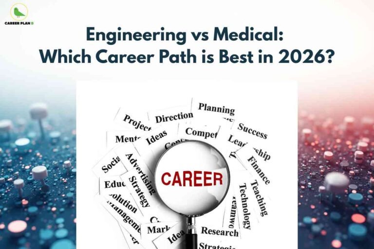 Magnifying glass highlighting "CAREER" text surrounded by career-related keywords on split blue and red background, illustrating engineering vs medical which is better career choice for 2026 with Career Plan B logo.