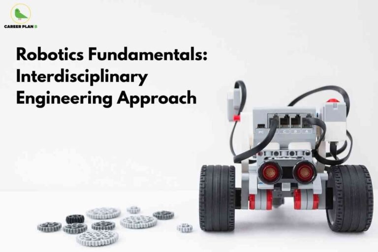 Robotics fundamentals interdisciplinary engineering infographic from Career Plan B showing "Robotics Fundamentals: Interdisciplinary Engineering Approach" text with white LEGO Mindstorms robot featuring red sensor eyes and black treads surrounded by mechanical gears, illustrating hands-on approach to learning robotics through combined mechanical, electrical, and programming disciplines for comprehensive engineering education.