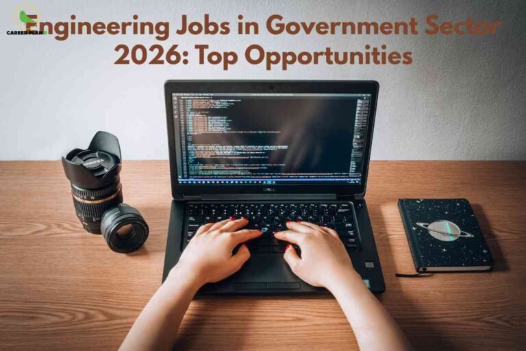Hands typing on laptop with programming code displayed alongside camera and notebook on wooden desk, illustrating government engineering jobs 2026 opportunities in tech sector with Career Plan B logo.