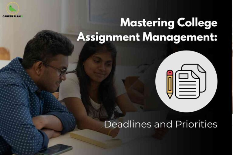 College assignment management infographic from Career Plan B showing "Mastering College Assignment Management: Deadlines and Priorities" with two students studying together at desk with notebooks and phone, plus document and pencil icon, representing effective strategies for organizing academic workload, managing deadlines, and prioritizing college assignments through collaborative study methods and systematic planning approaches.