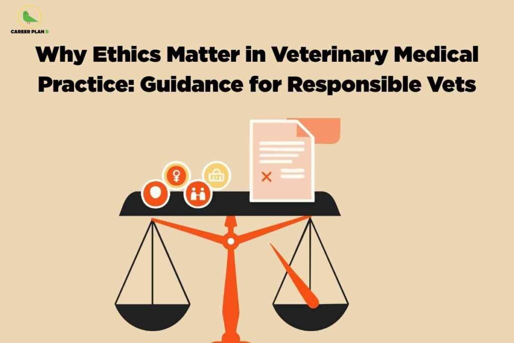 The image features a beige background with the bold title "Why Ethics Matter in Veterinary Medical Practice: Guidance for Responsible Vets" prominently written in black across the top. In the upper left corner, there is a small green bird logo and the text "CAREER PLAN B." The bottom half of the image contains an illustration of a black and orange balance scale, representing the concept of ethics and fairness. On the left side of the scale are icons symbolizing identification, gender equality, and group ethics enclosed in circles. The right side of the scale, slightly tipped downward, holds a stylized document with lines of text and a red 'X' mark, signifying the importance of correct and ethical documentation. The overall image uses simple, clean, and modern graphics to visually convey the message about the importance of ethics in veterinary medical practice.