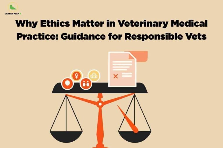The image features a beige background with the bold title "Why Ethics Matter in Veterinary Medical Practice: Guidance for Responsible Vets" prominently written in black across the top. In the upper left corner, there is a small green bird logo and the text "CAREER PLAN B." The bottom half of the image contains an illustration of a black and orange balance scale, representing the concept of ethics and fairness. On the left side of the scale are icons symbolizing identification, gender equality, and group ethics enclosed in circles. The right side of the scale, slightly tipped downward, holds a stylized document with lines of text and a red 'X' mark, signifying the importance of correct and ethical documentation. The overall image uses simple, clean, and modern graphics to visually convey the message about the importance of ethics in veterinary medical practice.