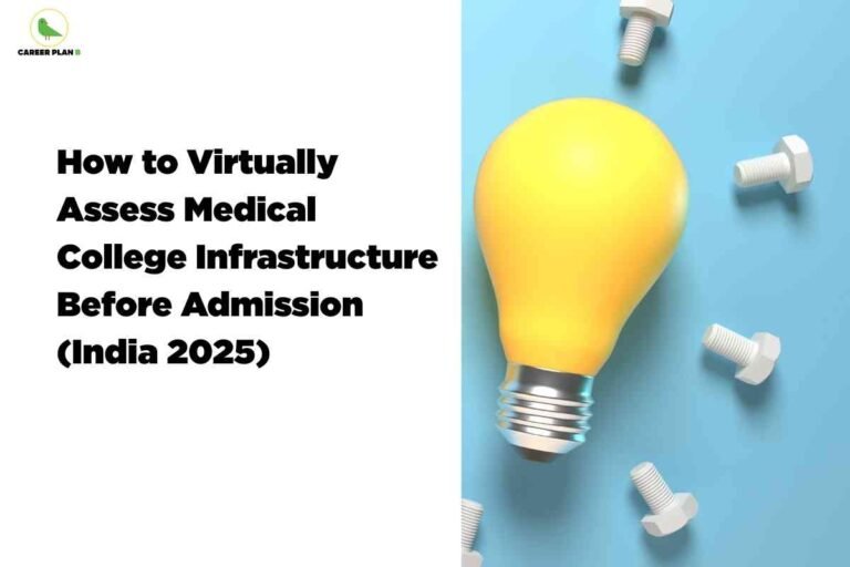 The image is split into two halves. The left side features a plain white background with the bold black text "How to Virtually Assess Medical College Infrastructure Before Admission (India 2025)" arranged across several lines. In the top left corner is a green bird graphic with the words "CAREER PLAN B." The right half of the image has a blue background, where a large, stylized yellow light bulb sits in the center, surrounded by several silver bolts scattered around it, symbolizing ideas, innovation, and construction. The overall design visually represents evaluating infrastructure and innovation in education in a modern and accessible way.