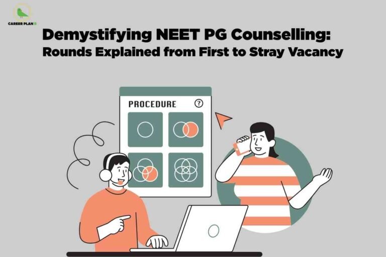 The image features a light gray background and prominently displays the headline "Demystifying NEET PG Counselling: Rounds Explained from First to Stray Vacancy" in bold black text at the top. The upper left corner contains a green bird logo and the phrase "CAREER PLAN B." At the center, there is an illustrated scene with two people. The person on the left is sitting at a desk, wearing headphones, and pointing at a laptop with a smile. The person on the right is wearing a striped orange and white shirt, holding a smartphone to their ear, with their face intentionally blurred for privacy. Behind them, a chart labeled "PROCEDURE" shows four panels with Venn diagrams in green and orange, representing counselling phases. The overall design communicates guidance, process, and conversation involved in NEET PG medical counselling rounds.Detailed alt text: The image features a light gray background and prominently displays the headline "Demystifying NEET PG Counselling: Rounds Explained from First to Stray Vacancy" in bold black text at the top. The upper left corner contains a green bird logo and the phrase "CAREER PLAN B." At the center, there is an illustrated scene with two people. The person on the left is sitting at a desk, wearing headphones, and pointing at a laptop with a cheerful expression. The person on the right is wearing a striped orange and white shirt, holding a smartphone to their ear, with their face intentionally blurred for privacy. Behind them, a chart labeled "PROCEDURE" shows four panels with Venn diagrams in green and orange, representing phases of counselling. The overall design visually conveys guidance and the multi-step process involved in NEET PG medical counselling rounds.