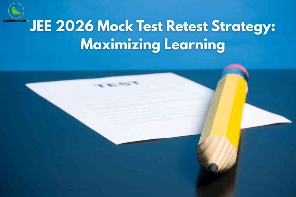 JEE 2026 mock test retest strategy infographic from Career Plan B showing "JEE 2026 Mock Test Retest Strategy: Maximizing Learning" with answer sheet and yellow pencil on blue background, representing systematic approach to analyzing mock tests, identifying mistakes, and implementing effective retesting strategies for JEE Main 2026 preparation success.