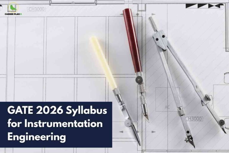 Technical drawing compass and drafting pen tools on engineering blueprint background displaying GATE 2026 Syllabus for Instrumentation Engineering with Career Plan B logo and navy blue text overlay showing precise engineering measurement instruments