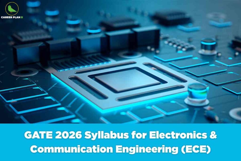 Futuristic blue-tinted electronic circuit board with glowing components including processors capacitors and microchips displaying GATE 2026 Syllabus for Electronics and Communication Engineering ECE with Career Plan B logo featuring illuminated pathways and modern technology elements