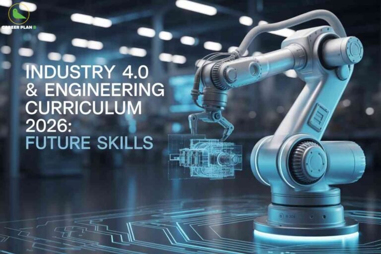 Advanced white robotic arm with articulated joints positioned over illuminated blue circuit patterns in modern factory setting displaying Industry 4.0 and Engineering Curriculum 2026 Future Skills with Career Plan B logo featuring automated manufacturing technology and holographic blueprint elements