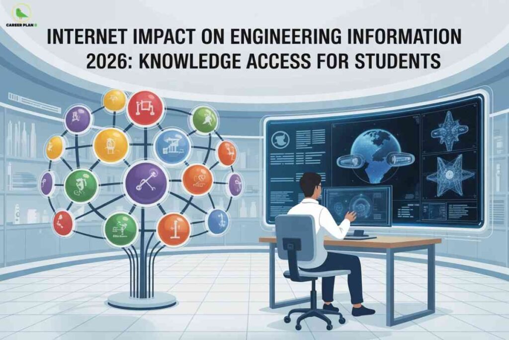 Modern futuristic workspace showing professional in white shirt working at holographic display with colorful interconnected network tree diagram featuring engineering icons and symbols surrounded by digital interface screens displaying Internet Impact on Engineering Information 2026 Knowledge Access for Students with Career Plan B logo in clean technological environment