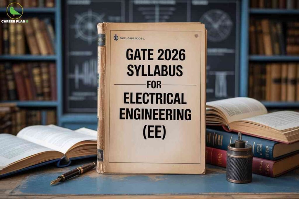 Classic academic setting showing vintage brown book displaying GATE 2026 Syllabus for Electrical Engineering EE positioned on wooden desk surrounded by open textbooks fountain pen and ink well with library bookshelves in background featuring Career Plan B logo representing traditional study materials and educational resources