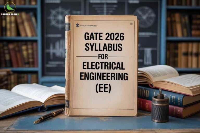Classic academic setting showing vintage brown book displaying GATE 2026 Syllabus for Electrical Engineering EE positioned on wooden desk surrounded by open textbooks fountain pen and ink well with library bookshelves in background featuring Career Plan B logo representing traditional study materials and educational resources