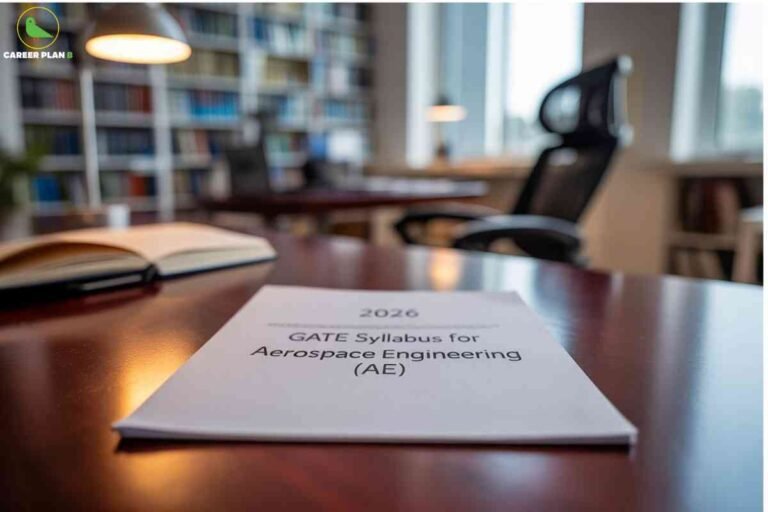 Professional modern study environment with clean white document displaying 2026 GATE Syllabus for Aerospace Engineering AE placed on polished wooden desk beside open notebook with black ergonomic chair and library bookshelves in background under warm ambient lighting featuring Career Plan B logo representing academic preparation and study resources