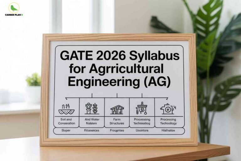 Light wooden framed whiteboard displaying GATE 2026 Syllabus for Agricultural Engineering AG with visual icons representing five key areas - Soil and Conservation Farm Structures Processing Technology and Processing Technology with descriptive text underneath placed on wooden surface beside green plants in bright natural lighting featuring Career Plan B logo