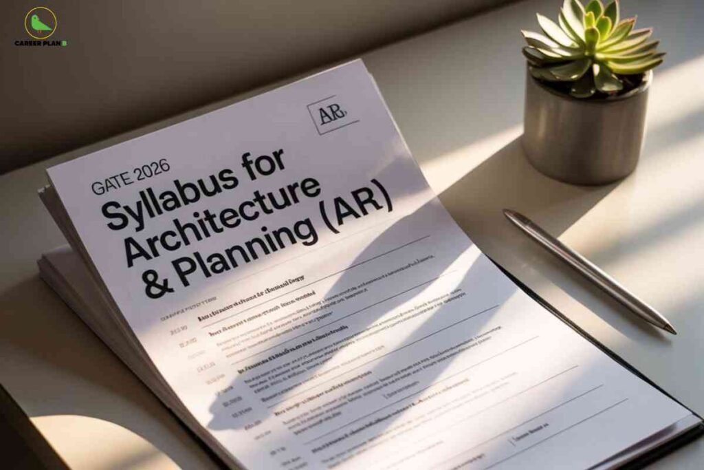 Clean minimalist workspace showing open document titled GATE 2026 Syllabus for Architecture and Planning AR with detailed text content visible on white paper placed on dark wooden surface beside small potted succulent plant and silver pen in natural sunlight featuring Career Plan B logo