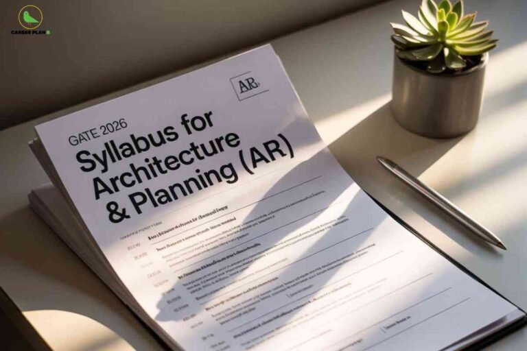 Clean minimalist workspace showing open document titled GATE 2026 Syllabus for Architecture and Planning AR with detailed text content visible on white paper placed on dark wooden surface beside small potted succulent plant and silver pen in natural sunlight featuring Career Plan B logo