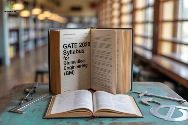 Open hardbound book showing GATE 2026 Syllabus for Biomedical Engineering BM with detailed text content alongside smaller open reference book on turquoise surface with drafting tools compass protractor and pens in library setting with warm lighting and bookshelves featuring Career Plan B logo