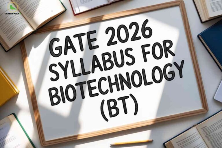 Wooden framed whiteboard displaying GATE 2026 Syllabus for Biotechnology BT in bold black text surrounded by stacks of open textbooks reference materials yellow pencil and study materials on white surface representing comprehensive exam preparation with Career Plan B logo in top left corner.