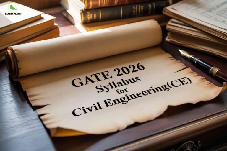 Classic vintage parchment scroll displaying GATE 2026 Syllabus for Civil Engineering CE in elegant black text positioned on wooden desk alongside fountain pen and stacks of antique leather-bound textbooks and reference materials in warm library lighting with Career Plan B logo representing traditional academic study resources