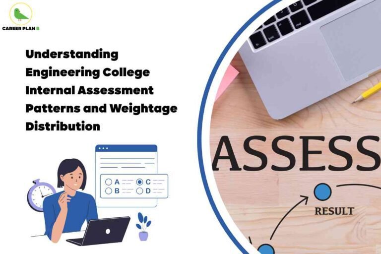 Engineering college internal assessment patterns infographic from Career Plan B showing "Understanding Engineering College Internal Assessment Patterns and Weightage Distribution" with student at laptop taking online quiz alongside "ASSESS" workspace scene with measurement diagram, representing comprehensive breakdown of internal evaluation systems, continuous assessment methods, and weightage distribution patterns used in engineering education for academic grading.