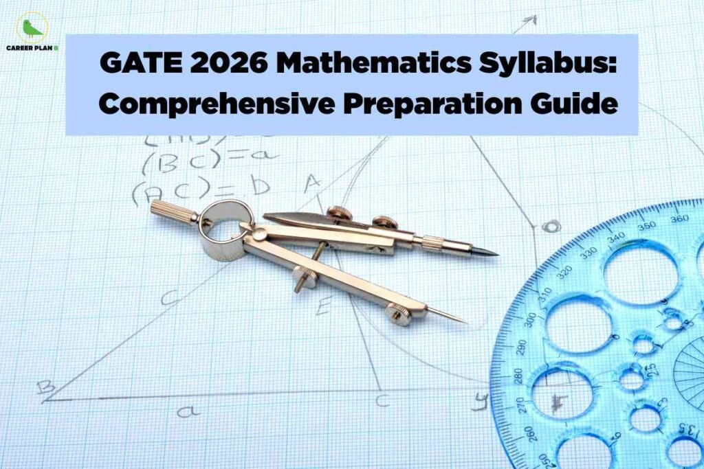 A close-up of a mathematics drawing setup on graph paper shows geometric sketches and annotations. A metal drafting compass lies open on the paper, next to a blue transparent plastic protractor featuring various circular cutouts for drawing different sized circles. The sketches on the paper include various lines, angles, and algebraic notations such as (B∩C)=a and (A∩C)=b, giving a sense of technical mathematical work. At the top left corner, the "Career Plan B" logo with a green bird within a yellow circle is visible. Centered at the upper part of the image is a light blue rectangular banner with bold black text reading: "GATE 2026 Mathematics Syllabus: Comprehensive Preparation Guide." The overall composition conveys a detailed and technical academic environment focused on mathematical engineering.
