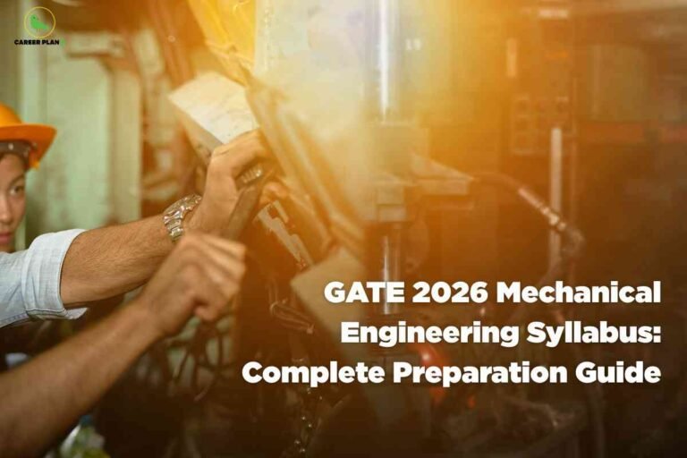 A mechanical engineering workshop scene is depicted with a close-up of a person's arms operating industrial machinery, possibly a lathe or milling machine, illuminated by warm, yellow-orange lighting. The person is wearing a silver wristwatch and a light-colored shirt, and a worker in the background can be seen wearing an orange safety helmet, safety glasses, and white shirt. The upper left corner features the "Career Plan B" logo with a green bird inside a yellow circle. The lower right portion of the image has bold, white text reading: "GATE 2026 Mechanical Engineering Syllabus: Complete Preparation Guide." The overall composition conveys practical, hands-on mechanical engineering work in an industrial setting.