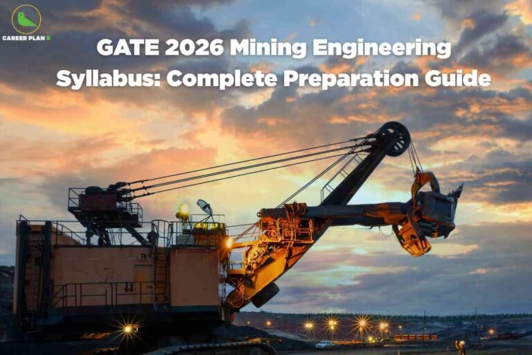 A dramatic mining scene during sunset displays a large excavator or mining dragline with a bucket, silhouetted against a colorful sky with clouds in shades of blue, orange, and pink. The excavator is lit with multiple lights, emphasizing its structure and mechanical features. Along the horizon, several lights illuminate the ground, and distant vehicles or machinery are visible in the mining area. In the upper left corner, the "Career Plan B" logo with a green bird inside a yellow circle can be seen. Centered at the top, bold white text reads: "GATE 2026 Mining Engineering Syllabus: Complete Preparation Guide." The overall image conveys an industrial, technical focus with a powerful visual of mining operations at dusk.