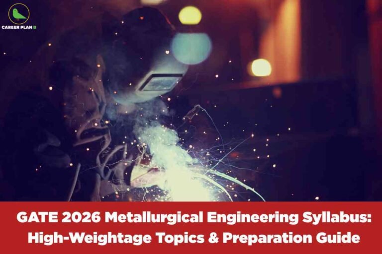 A welder in protective gear, including gloves and a welding helmet, works with bright, crackling sparks and visible smoke in a dim, industrial environment. Glowing flecks and blue-white light from the welding are prominent, with blurred warm lights in the background. In the top left corner is the "Career Plan B" logo featuring a green bird within a yellow circular outline. Along the bottom of the image, a bold red banner spans the width, displaying large white text: "GATE 2026 Metallurgical Engineering Syllabus: High-Weightage Topics & Preparation Guide." The composition powerfully captures the intensity and technical skill of metallurgical engineering work.