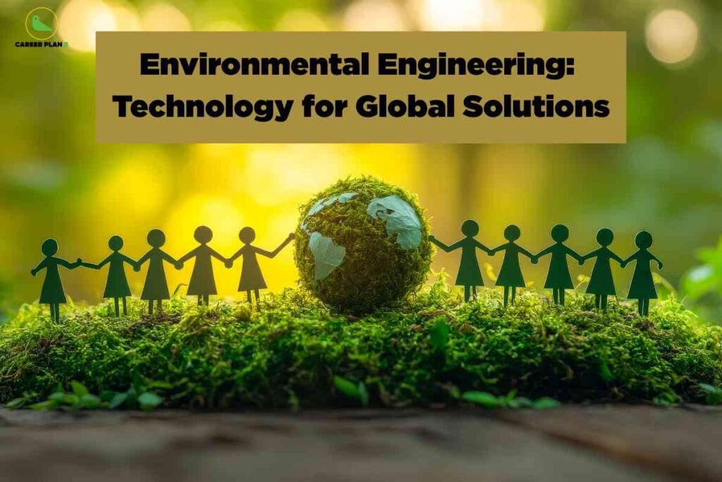 The image features a close-up of a natural green mossy surface with a small globe wrapped in green moss placed in the center, symbolizing Earth. On either side of the globe, there are silhouettes of paper-cutout figures holding hands, forming a chain and representing unity and community involvement in environmental care. The background is softly blurred with warm, natural light creating a bokeh effect, highlighting the focus on nature and the Earth. At the top of the image, a solid mustard-colored rectangular banner contains bold black text that states, "Environmental Engineering: Technology for Global Solutions." The top left corner features a small logo with a green bird and the text "CAREER PLAN B." The overall aesthetic conveys environmental responsibility and innovative solutions to global ecological challenges through engineering and technology.