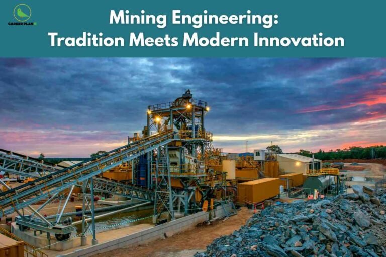 The image shows an industrial mining site at dusk or dawn with a dramatic sky filled with clouds in shades of blue, purple, and pink. The mining facility features complex metal structures, including conveyor belts and platforms illuminated by yellow lights. The foreground has a large pile of rocks and gravel, indicating active mining operations. At the top of the image, against a teal-colored background, bold white text reads, "Mining Engineering: Tradition Meets Modern Innovation." In the upper left corner, the "CAREER PLAN B" logo is visible, featuring a minimalist green bird inside a circle. The overall imagery conveys a blend of traditional mining practices enhanced by modern technological infrastructure.
