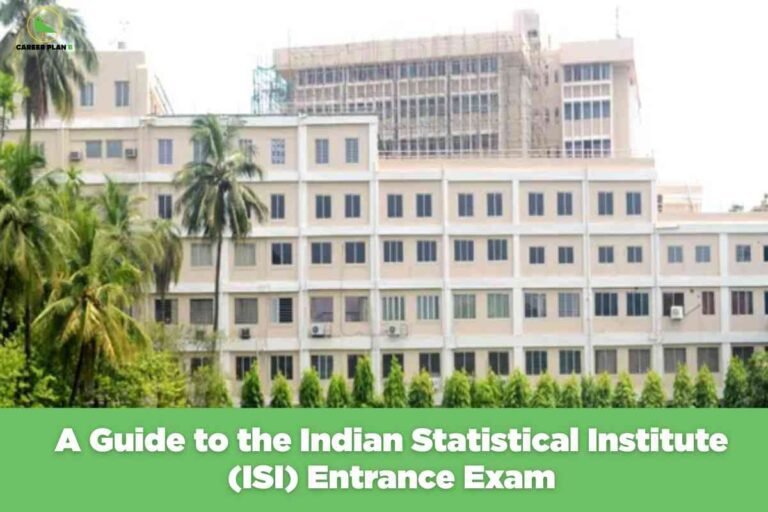 The image shows the front view of a large institutional building belonging to the Indian Statistical Institute (ISI). The building is beige with multiple rows of windows and features surrounding greenery including tall palm trees and well-maintained bushes. The structure has a typical academic or administrative architectural style. Across the lower portion of the image is a solid green banner with bold white text that reads, "A Guide to the Indian Statistical Institute (ISI) Entrance Exam." At the top left corner is the "CAREER PLAN B" logo depicting a small green bird inside a circle. The overall composition visually supports informational content aimed at guiding prospective students for the ISI entrance exam.
