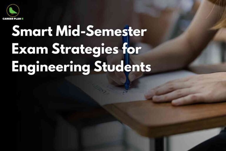 Mid semester exam strategies engineering infographic from Career Plan B showing "Smart Mid-Semester Exam Strategies for Engineering Students" with hands writing mathematical formulas using blue pen on notebook at wooden study desk, representing effective preparation techniques including focused note-taking, problem-solving practice, and systematic study approaches for mid-semester academic success in engineering courses.