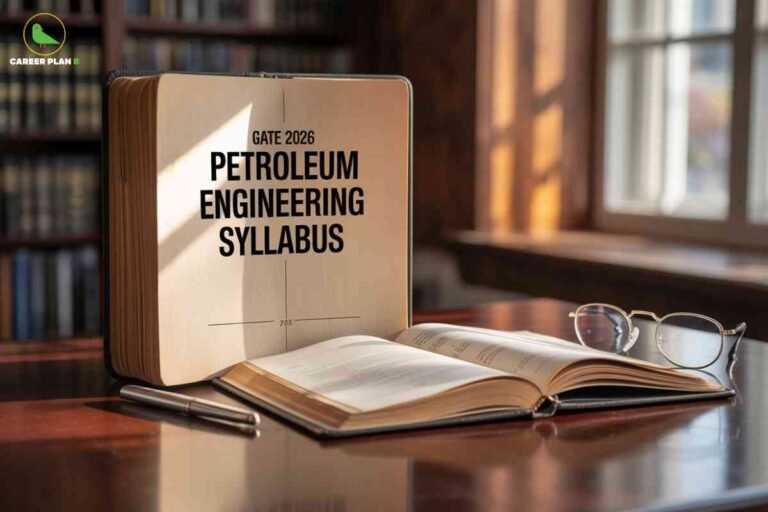 Thick hardcover textbook displaying GATE 2026 Petroleum Engineering Syllabus in bold black text positioned on polished wooden desk alongside open reference book reading glasses and silver pen in elegant library setting with warm natural lighting and bookshelves featuring Career Plan B logo representing professional study environment