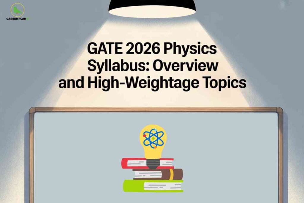 Blue chalkboard under single spotlight displaying GATE 2026 Physics Syllabus Overview and High-Weightage Topics headline with cartoon stack of books and atom lightbulb icon symbolizing physics concepts featuring Career Plan B logoAll provided alt texts are complete and follow a consistent style that combines the Niche Topic + Content Type (usually Syllabus/Process/Guide, etc.) + Key Visual or Concept.