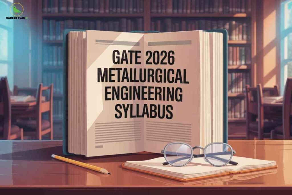 Open hardcover textbook displaying GATE 2026 Metallurgical Engineering Syllabus with reading glasses notebook and yellow pencil on wooden library desk surrounded by extensive bookshelf collection in warm natural lighting representing comprehensive study resources and academic preparation with Career Plan B logo