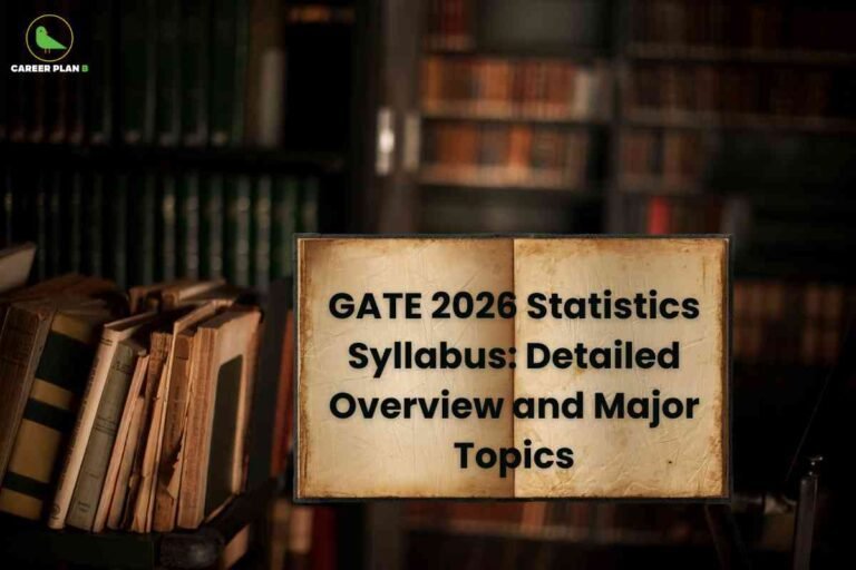 Aged wooden placard displaying GATE 2026 Statistics Syllabus Detailed Overview and Major Topics in bold black text positioned among stacks of vintage books in dimly lit library setting with warm lighting and extensive bookshelf collection featuring Career Plan B logo representing comprehensive statistical study materials