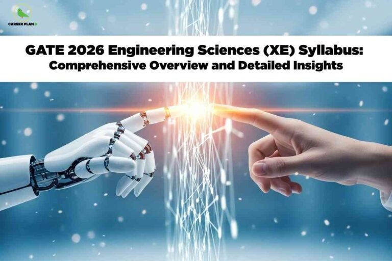 Futuristic image showing white robotic hand reaching toward human hand with glowing energy connection between them against blue digital background featuring GATE 2026 Engineering Sciences XE Syllabus Comprehensive Overview and Detailed Insights with Career Plan B logo representing human-technology integration and advanced engineering concepts