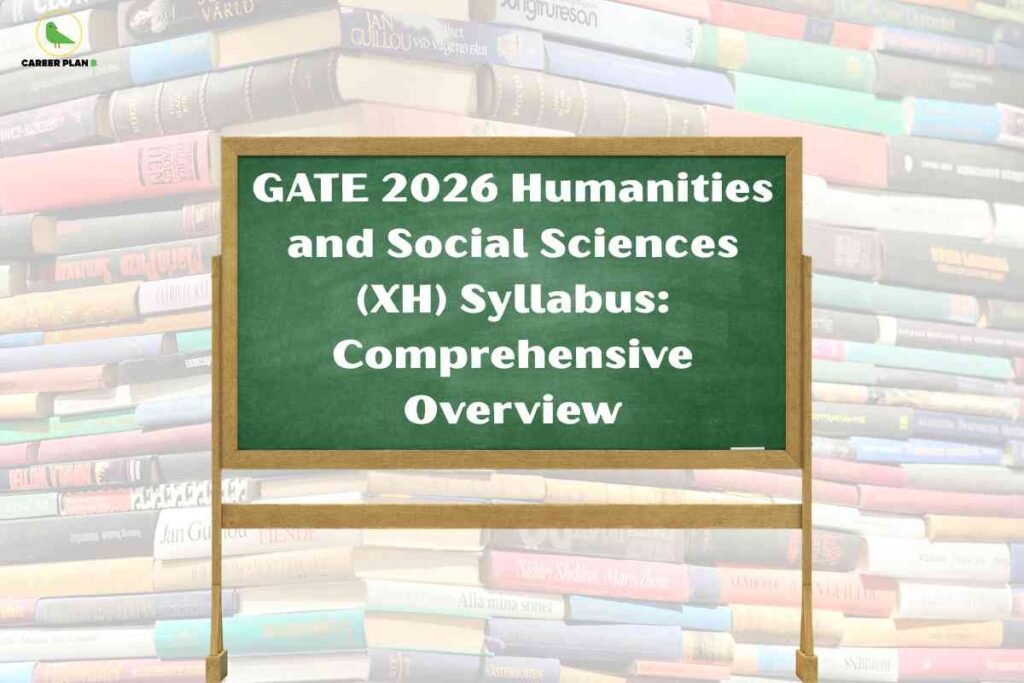 Green chalkboard with wooden frame displaying GATE 2026 Humanities and Social Sciences XH Syllabus Comprehensive Overview in white chalk text positioned against colorful background of stacked academic books featuring Career Plan B logo representing interdisciplinary study materials for humanities and social science subjects