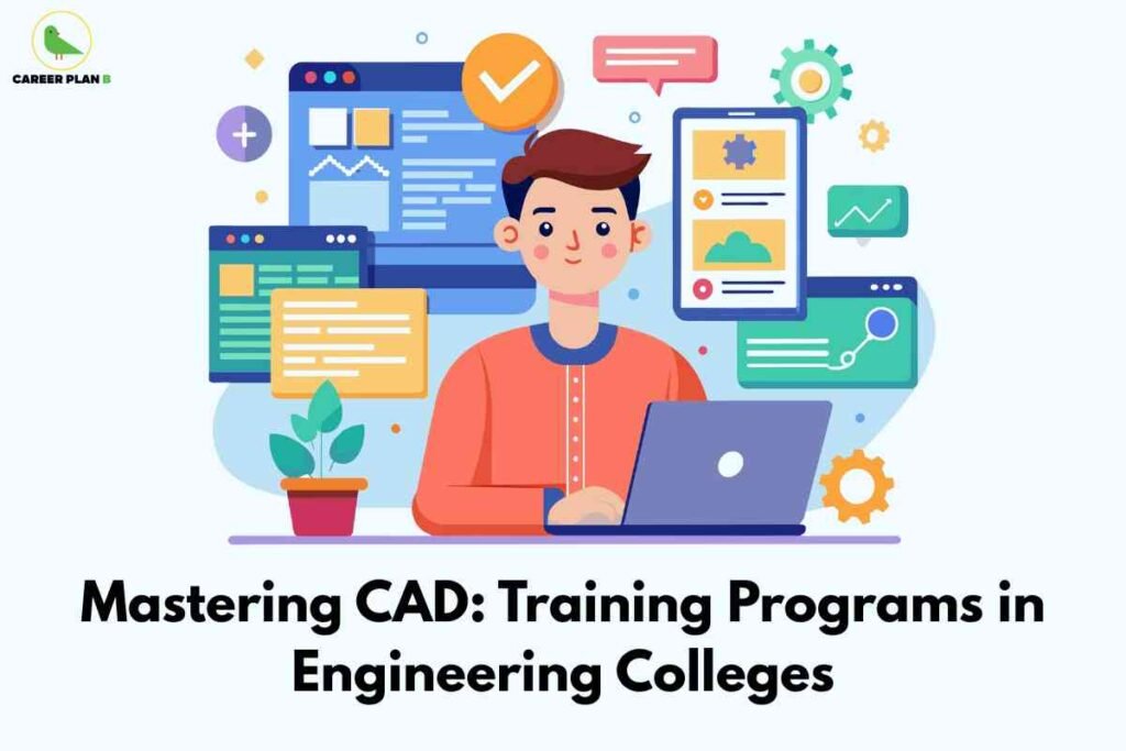 CAD training programs engineering colleges infographic from Career Plan B showing "Mastering CAD: Training Programs in Engineering Colleges" with student at laptop surrounded by multiple screens displaying CAD interfaces, analytics, and technical drawings, representing comprehensive computer-aided design education including AutoCAD, SolidWorks, and CATIA software training through structured curriculum and hands-on practice sessions.