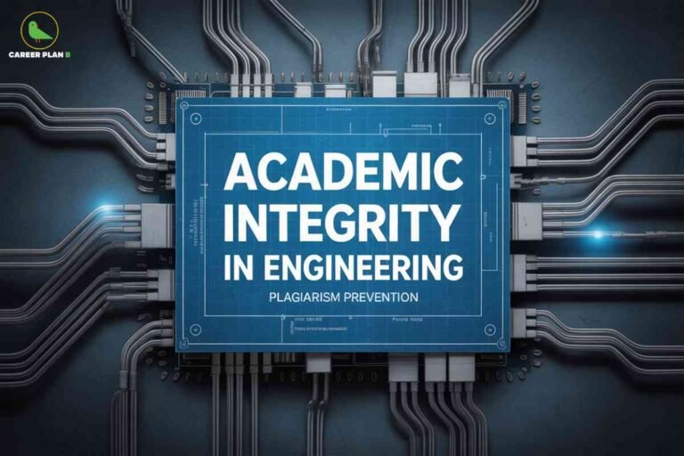 Digital circuit board with blue central display showing Academic Integrity in Engineering Plagiarism Prevention message surrounded by silver electronic pathways and components representing technology-based solutions for maintaining ethical standards in engineering education with Career Plan B logo.